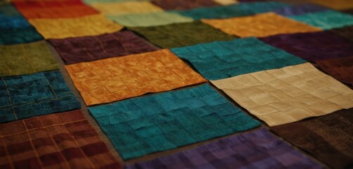  a close up of a multicolored quilt with squares on the top and bottom of the squares on the bottom of the quilt, and bottom of the quilt.