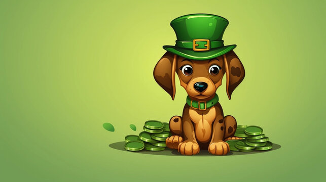 copy space, vector illustration, St Patricks Day Funny Puppy Green, Background Design Images. Beautiful mockup for Saint Patrick’s day. Design for greeting card, invitation, poster.