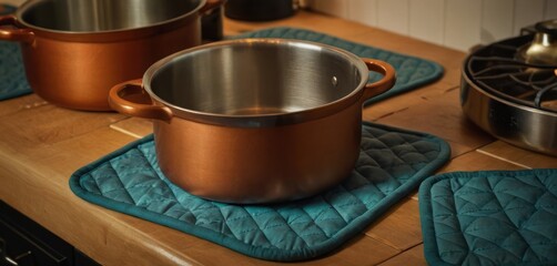  a pair of copper pots sitting on top of a wooden table next to a pot holder and a teal pot holder on top of a wooden table with teal place mats.