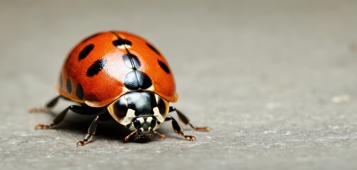  a close up of a small orange and black bug on a gray surface with a black spot on the back of the beetle's head and a black spot on the side of the top of the bug.