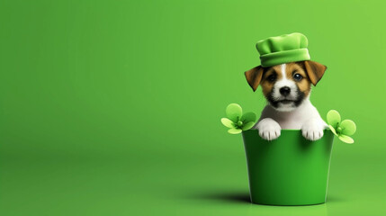 Fototapeta premium copy space, vector illustration, St Patricks Day Funny Puppy Green, Background Design Images. Beautiful mockup for Saint Patrick’s day. Design for greeting card, invitation, poster.