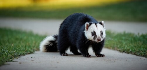  a black and white ferret standing on a sidewalk next to a green grass covered field with a sidewalk in front of it and a sidewalk in the foreground.