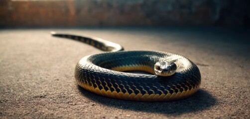  a close up of a snake on the ground with it's head in the middle of the snake's body, with it's tongue out and it's tongue out. - obrazy, fototapety, plakaty