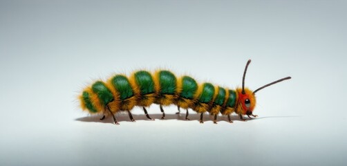  a close up of a green and yellow caterpillar on a white background with a shadow of the caterpillar on the back of the caterpillar.