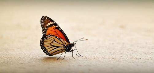  a close up of a butterfly on the ground with it's wings spread out and it's head turned to the side, with a blurry background.