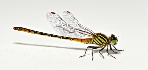  a close up of a yellow and black dragonfly on a white surface with a black stripe on it's back legs and a black and yellow stripe on it's wings.