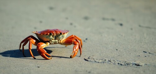  a close up of a crab on a beach with footprints in the sand and one of the crabs is facing the camera and the other crab is facing the camera. - obrazy, fototapety, plakaty