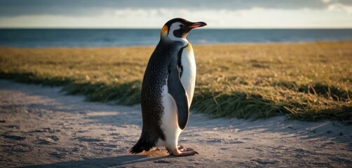  a penguin standing on top of a dirt road next to a grass covered field with a body of water in the distance in the distance is a body of water. - obrazy, fototapety, plakaty