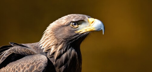  a close up of a bird of prey with a yellow beak and a black body with a white head and a yellow beak and a black body with a brown background.