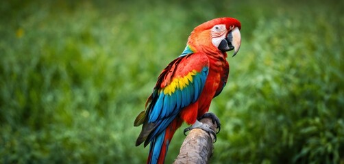  a colorful parrot perched on top of a tree branch in a field of green grass in front of a blurry background of tall grass and a green grass covered area.