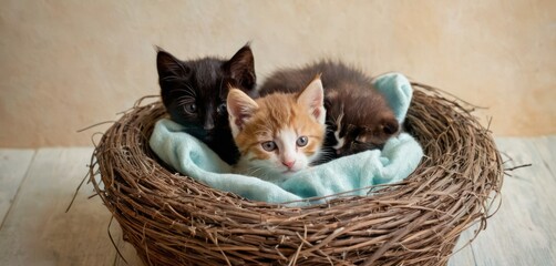  a group of kittens sitting in a nest on a wooden floor with a blue blanket on top of the nest and one kitten laying down on top of the nest.