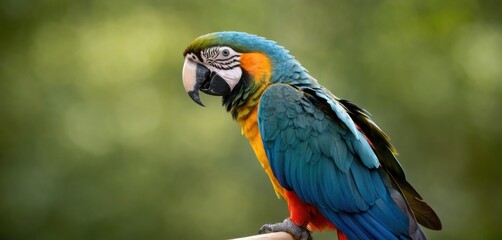  a colorful parrot perched on top of a wooden stick in front of a green and leafy back drop of trees in the back drop of a blurry background.