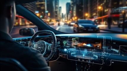 Head-up display on a futuristic autonomous self-driving automobile traversing a city, Generative AI.