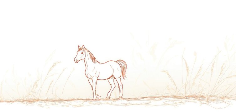  a drawing of a white horse standing in a field of tall grass with tall grass in the foreground and a white sky in the background with no one horse in the foreground.