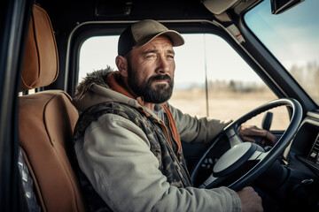 Obraz premium Portrait of truck driver man sitting in vehicle cabin