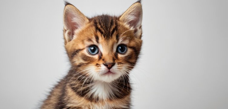  a close up of a small kitten with a blue eyed look on it's face and a white wall in the background with a white wall in the background.