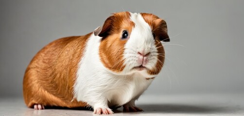  a brown and white guinea pig sitting on top of a white floor and looking at the camera with a sad look on its face, with a light gray background.