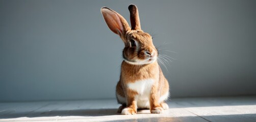  a brown and white rabbit sitting on top of a hard wood floor in front of a gray wall with a light coming through the top of it's ears.