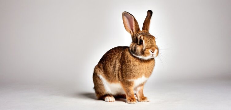  a brown and white rabbit sitting in front of a white background and looking at the camera with a concerned look on its face and ears, with a white background.