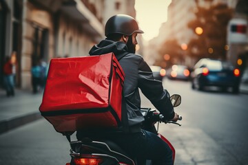 Delivery man rides scooter wearing thermo backpack on the street
