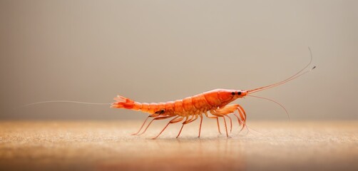  a close up of a shrimp on a wooden surface with a blurry back ground in the background and a light colored back ground in the middle of the background.