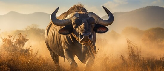 An African buffalo smelling the air in an open area.