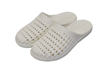 pair of white slippers isolated, a pair of white slippers on a white background, rubber white slippers for medical personnel