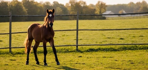  a brown horse standing on top of a lush green field next to a wooden fence with a white patch on it's forehead and a white patch of grass in the foreground.