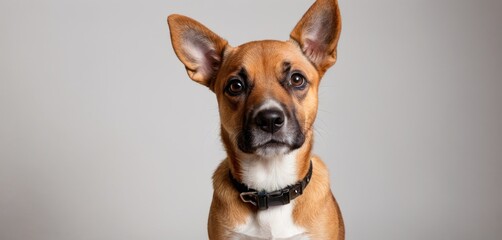  a brown and white dog with a black collar looking at the camera with a sad look on it's face, on a gray background with a white backdrop.