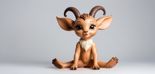  a figurine of an animal with horns sitting on a white surface and looking at the camera with a surprised look on it's face, on a gray background.