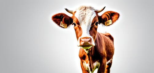  a close up of a brown and white cow's face with ear tags on it's ears and a gray sky in the back ground behind it is a white background.
