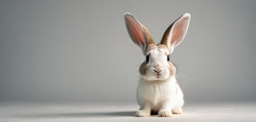  a brown and white rabbit sitting in front of a gray background and looking at the camera with a sad look on its face and ears, with one eye wide open.