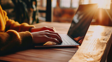 Close-up of a person's hands typing on a laptop keyboard