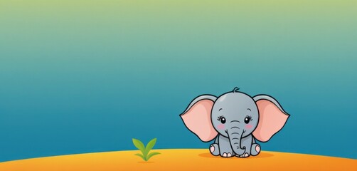  a small elephant sitting on top of a sandy beach next to a green leafy plant on a blue, green, yellow and orange background with a blue sky.