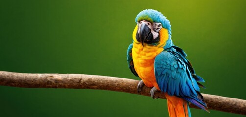  a blue and yellow parrot sitting on top of a tree branch in front of a green back drop of a green back drop of the wall of a green background.