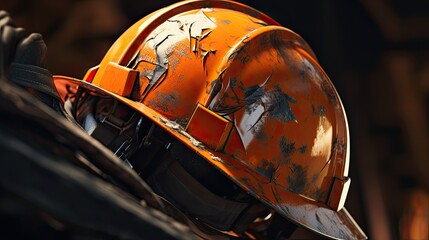 Fototapeta premium close-ups of construction helmets, highlighting intricate details such as scratches, dirt and wear. This adds to the story of the construction worker's experiences