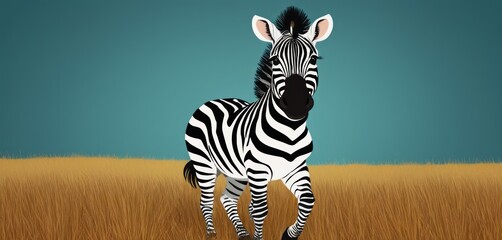  a digital painting of a zebra standing in a field of tall grass with a blue sky in the back ground and a blue sky in the back ground behind it.