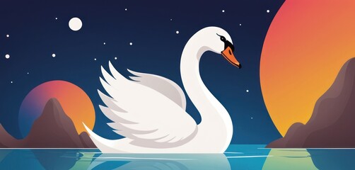  a white swan floating on top of a body of water under a sky filled with stars and a full moon in the distance with a mountain range in the background.
