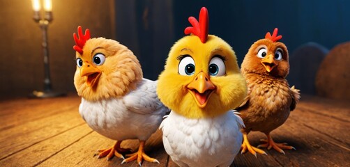  a group of chickens standing next to each other on a wooden floor in front of a light bulb with a lamp on the other side of the chicken's head.