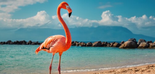  a pink flamingo standing on top of a sandy beach next to a body of water with a mountain in the backgroup of the ocean in the background.