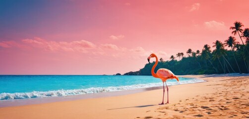  a pink flamingo standing on top of a sandy beach next to the ocean with palm trees on both sides of the beach and a pink sky filled with clouds.