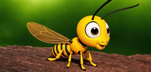  a yellow bee with big eyes standing on a piece of wood with a blurry background of green grass and a green - roofed area behind it is a leaf.