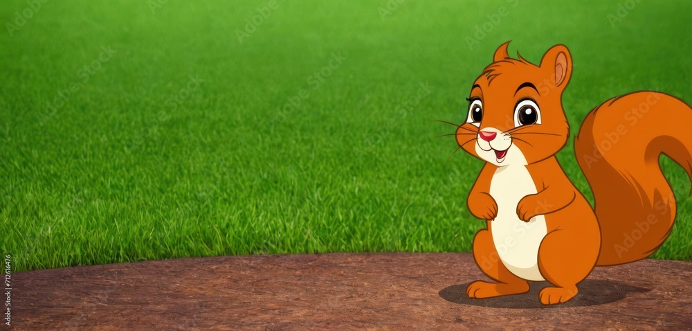 Wall mural a cartoon squirrel standing on top of a field of green grass with a surprised look on it's face as i