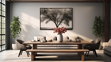 Interior design of a modern living room featuring a dining table and picture frames as decorations, Generative AI.