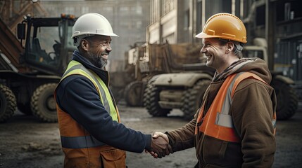 details of the handshake of builders at a construction site or construction site, facial expressions and texture of protective helmets and vests - obrazy, fototapety, plakaty
