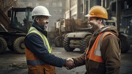 Foto op Canvas details of the handshake of builders at a construction site or construction site, facial expressions and texture of protective helmets and vests © Светлана Канунникова