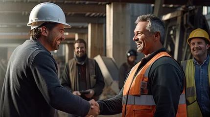 Foto op Canvas details of the handshake of builders at a construction site or construction site, facial expressions and texture of protective helmets and vests © Светлана Канунникова