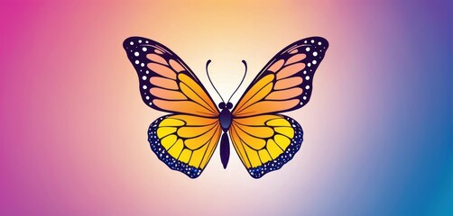  a yellow butterfly with black dots on its wings and wings spread out, with a blue and yellow butterfly in the middle of it's wings, on a multi - colored background.