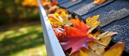 Clogged gutter due to fall foliage in eaves. - obrazy, fototapety, plakaty