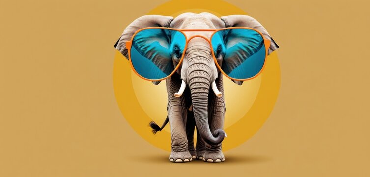  an elephant with a pair of sunglasses on it's head, standing in front of a yellow circle with an elephant's trunk sticking out of it's trunk.